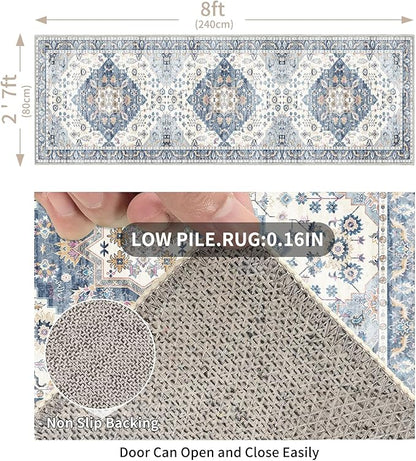 Enkor Runner Rug for Hallway, 2.6x8 Washable Soft Non Slip Floor Rugs for Kitchen, Modern Mat for Living Room Bedroom Entryway Blue & White