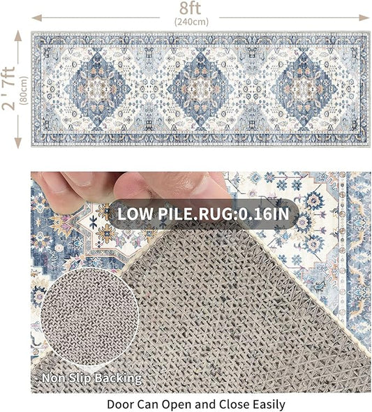 Enkor Runner Rug for Hallway, 2.6x8 Washable Soft Non Slip Floor Rugs for Kitchen, Modern Mat for Living Room Bedroom Entryway Blue & White