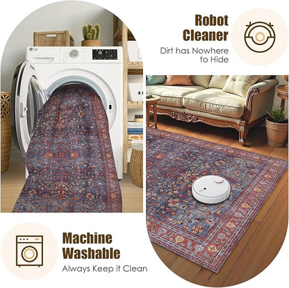 Washable Area Rug 5' x 7' Vintage Traditional Persian Mat - Foldable Distressed Non-Slip Machine Washable Carpet for Living Room Bedroom Kitchen Home Decor - Indigo and Crimson