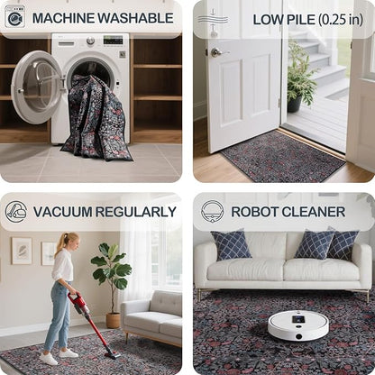 Washable 2'6" x 10' Runners for Hallways, Non Slip Long Floor Runner for Kitchen, Entryway Indoor, Stain Resistant Rubber Backing Floral Décor Rug (Dark Green)