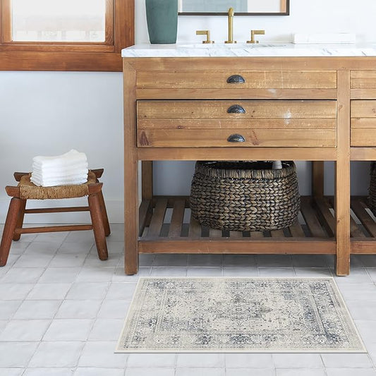RUGGABLE Washable Vintage Area Rug – Sarrah Blue Quartz 2x3, Stain-Resistant, Non-Slip – Small Machine Washable Rugs for Living Room, Bedroom, Hallway, Entryway & Bathroom–with Cushioned Pad