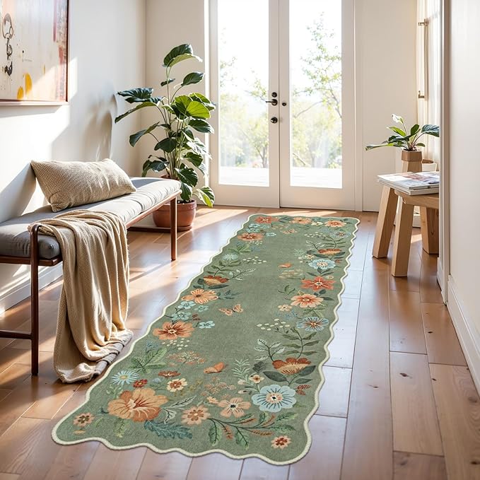 Lahome Floral Runners for Hallways, 2X6 Kitchen Runner Rug Ultra-Thin Soft, Non-Slip Hallway Rug Stain Resistant Boho Low-Pile Carpet for ‎Laundry Bathroom Bedroom(2x6ft,Green)