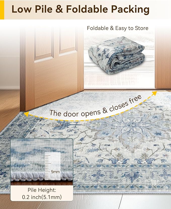 Area Rugs 3'x5' Washable Non-Slip, Floral Vintage Distress Print Pattern Medallion Carpet for Living Room Bedroom Dining Room, Light Blue Navy Beige Gray White