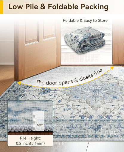 Area Rugs 4'x5' Washable Non-Slip, Floral Vintage Distress Print Pattern Medallion Carpet for Living Room Bedroom Dining Room, Light Blue Navy Beige Gray White