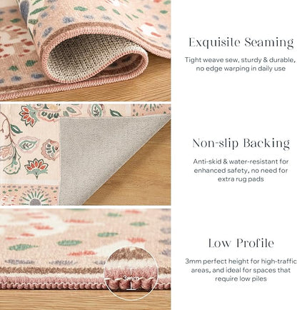 Phantoscope Washable Runner Rug 2'x6' Non-Slip, Vintage Boho Hallway Rugs for Entryway, Stair, Bedroom, Persian Floral Medallion Pattern, Low-Pile Foldable Floor Carpet, Ivory Rose/Fall Bloom