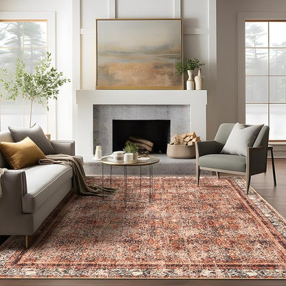 Phantoscope Washable Area Rug 6'x9' Non-Slip, Vintage Neutral Xmas Rugs for Living Room, Bedroom, Dining Room, Distressed Boho Floral Medallion Pattern, Low-Pile Foldable Floor Carpet, Brick Red/Black