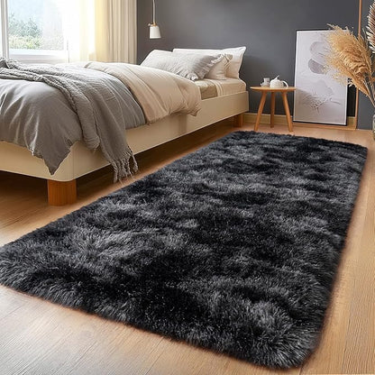 Shaggy Soft Fluffy Rug Plush Rugs Non-Slip Indoor Floor Carpet for Living Room Anti-Skid Indoor Carpet Tie-Dyed Black Grey 2x6Feet