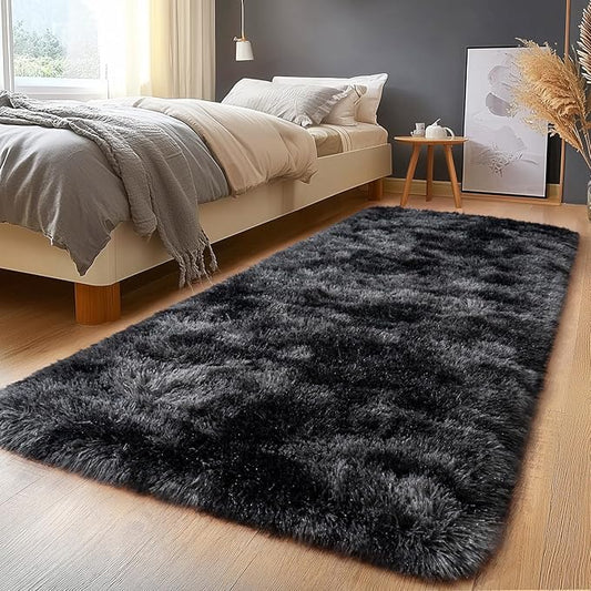 Shaggy Soft Fluffy Rug Plush Rugs Non-Slip Indoor Floor Carpet for Living Room Anti-Skid Indoor Carpet Tie-Dyed Black Grey 2x6Feet