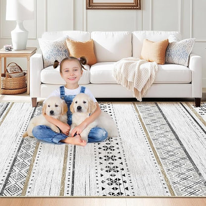 BESTSWEETIE 8x10 Area Rugs for Living Room Washable Moroccan Farmhouse Neutral Geometric Low Pile Non-Slip Soft Print Pattern Rug for Bedroom Kitchen Dining Room Entryway Black/Brown