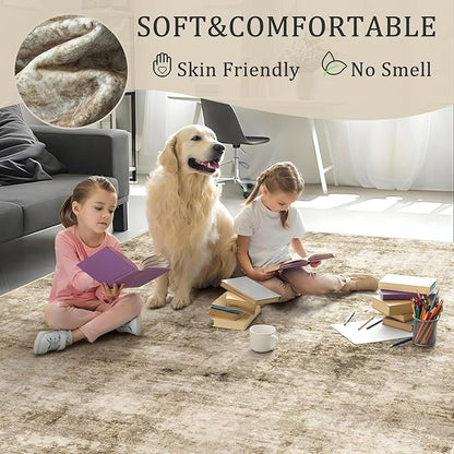 4x6 Machine Washable Area Rug for Living Room, Brown Modern Vintage Abstract Rug Large Non-Slip Low Pile Soft Faux Wool Carpet, Kids and Pets Friendly for Bedroom Dining Room Farmhouse Home Decor Rug