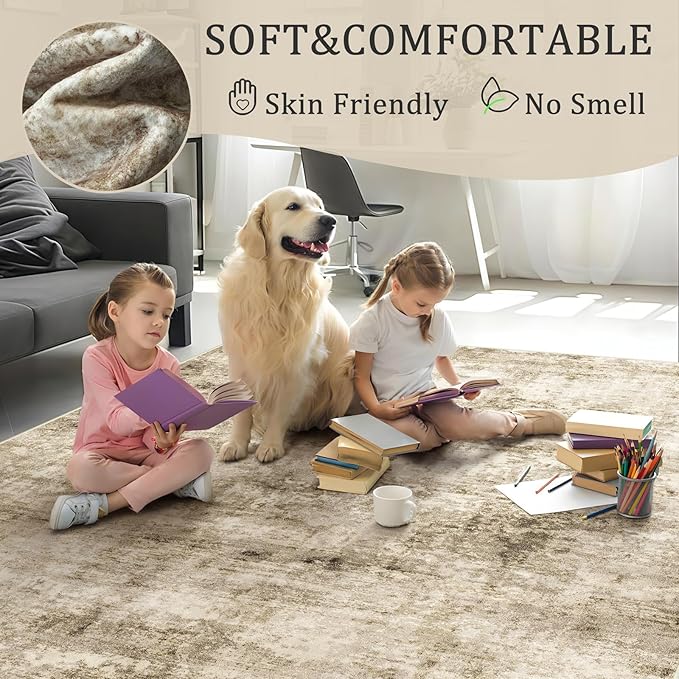 2x3 Machine Washable Area Rug for Entryway, Brown Modern Vintage Abstract Rug Non-Slip Low Pile Soft Faux Wool Small Carpet, Kids and Pets Friendly for Bedroom Kitchen Hallway Home Decor Rug