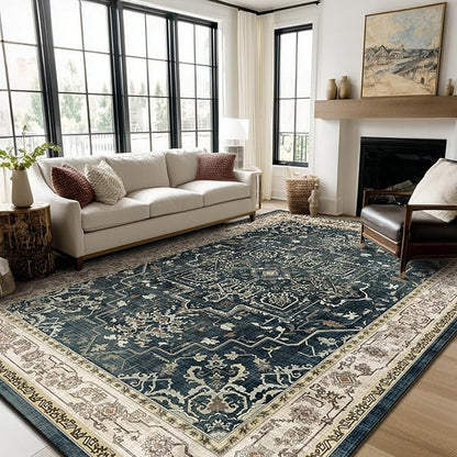 Large Vintage Area Rugs 9x12 for Living Room, Dark Distressed Medallion Printed Big Carpet Rugs for Bedroom, Washable Non Slip Low Pile Thin Rugs for Dining Room, Midnight/Multi