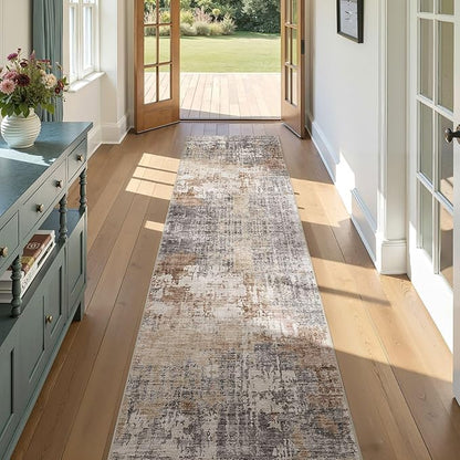 Washable Runner Rug for Hallway: 2.6x10 Neutral Modern Abstract Low Pile Area Rug with Non-Slip Backing - Carpet for Bedroom Kitchen Laundry Entryway Bathroom Indoor - Grey Brown