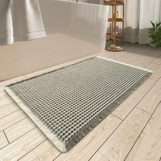 AMOAMI Upgraded Waffle Bath Mat, Super Absorbent Non Slip Bath Mats for Bathroom Floor, Machine Washable Bathroom Rugs with Tassels, Rubber Backed Bathroom Mats, Ultra Soft, 20" x 32", Green & Cream