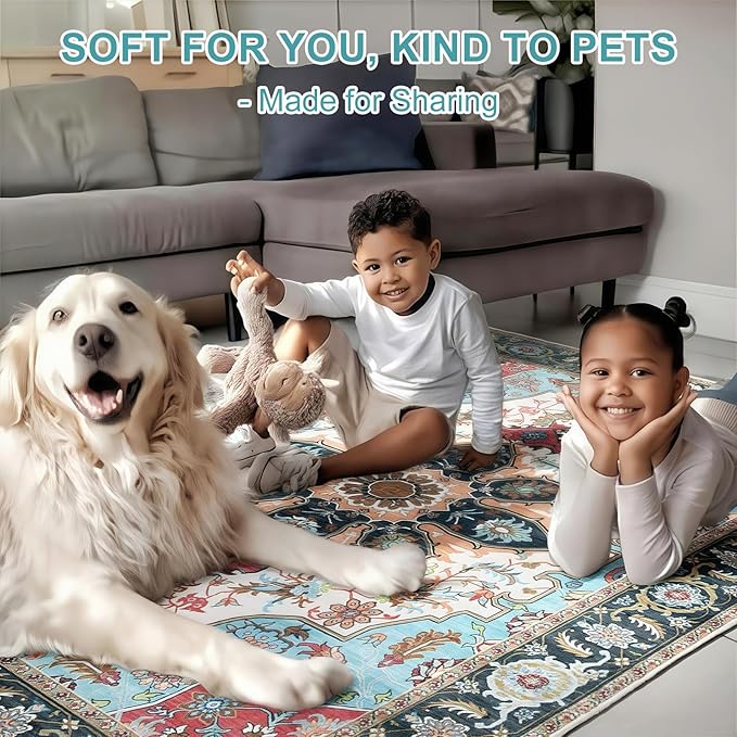WILLSUN Washable Area Rugs, 4x6 Non-Slip Boho Large Area Rugs for Living Room, Bedroom, Machine Washable Vintage Rug, Indoor Floral Print Carpet for Home Decor, Kid & Pet Friendly Mat