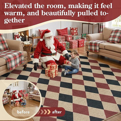 Lahome Checkered Rugs for Living Room, 8x10 Indoor Outdoor Rug Dining Room Office Carpet, Checkerboard Black and Red Washable Non Slip Floor Carpet for Patio Classroom Backyard