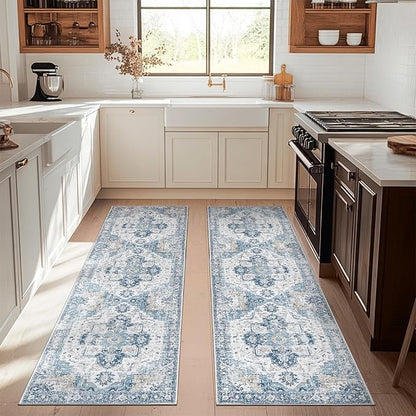 jinchan Kelda Runner Rug 3x8-2pcs Vintage Hallway Rug Kitchen Washable Runner Retro Floor Cover Lightweight Non-Slip Thin Distressed Carpet for Entryway Bathroom Laundry Room Bedroom Stairway Blue