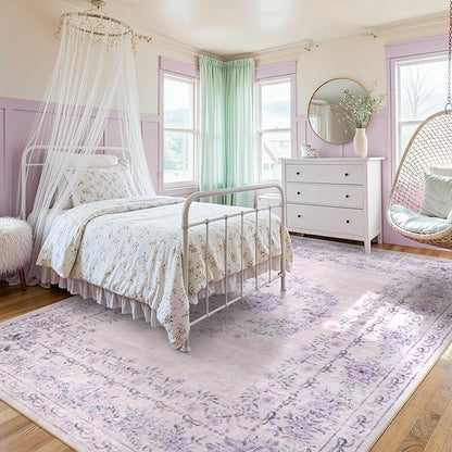 Wonnitar Floral Print 8x10 Washable Rug, Purple Bow Room Decor for Girls Bedroom, Ultra-Thin Non Slip Soft 8 x 10 Large Boho Carpet for Living Room Baby Nursery Kids Playroom