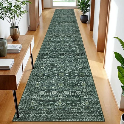 Vintage Runner Rug 2x12, Dark Green Washable Long Kitchen Runner Non-Slip Floral Soft Hallway Rug Runner Thin Print Faux Wool Carpet for Entryway Bedroom Laundry Room Indoor Home Decor