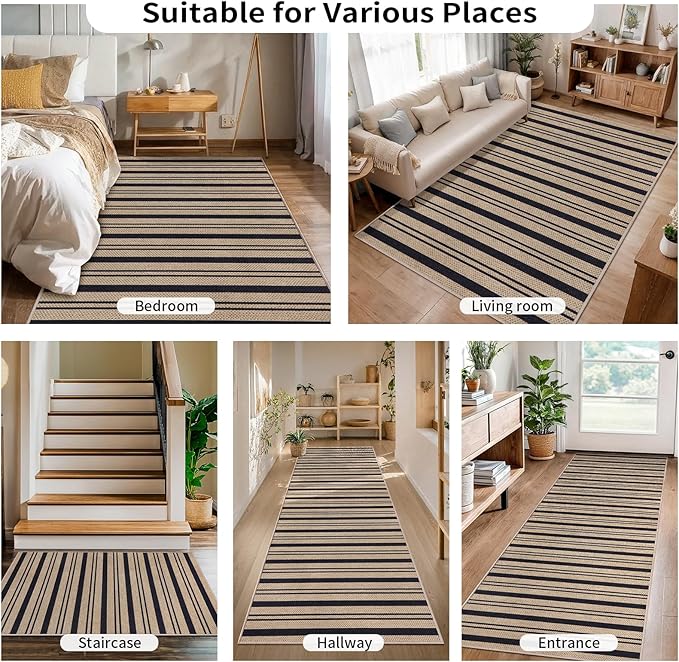 Tangsoo Stripe Easy Jute Rug,Ultra Thin 2x3 Outdoor Rug for Entryway,Non-Slip Washable Small Rug Modern Front Door Mat Throw Carpet for Kitchen Bedroom Porch Doorway