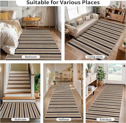 Tangsoo Stripe Easy Jute Rug 4x6 for Paito,Thin Non-Slip Indoor Outdoor Black Door Carpet,Washable Farmhouse Throw Mat for Front Porch Kitchen Bedroom Foyer