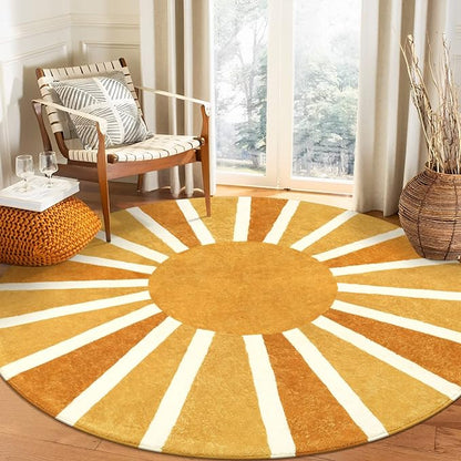 Lahome Boho Round Rugs - 4Ft Washable Non-Slip Small Round Area Rug Throw Soft Sofa Kids Nursery Room Rug Rainbow Sun Print Distressed Round Carpet for Bedroom Entryway Living Room Dining Room