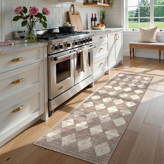 Lahome Trellis 2x7 Washable Kitchen Bathroom Runner Rug, Non Skid Runners for Hallways with Rubber Backing, Moroccan Entryway Carpet Runner for Laundry Room Foyer Bedside, Beige