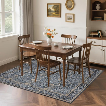 Washable Living Room Rug: 5x7 Boho Floral Soft Area Rug for Bedroom Decor - Vintage Low Pile Thin Carpet for Dining Room Non-Slip - Farmhouse Stain Resistant Rugs - Slate Blue