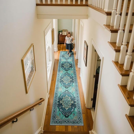 Area Rugs 2'x10' Washable Non-Slip, Floral Vintage Distress Print Pattern Medallion Carpet for Living Room Bedroom Dining Room, Teal Green Lake Blue Turquoise
