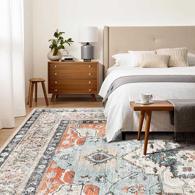 VK VK·LIVING Machine Washable Rug 5'x7' Vintage Design Washable Area Rugs with Non Slip Rugs for Living Room Bedroom Traditional Woven Carpet Stain Resistant, Dining Office Boho Rug (Brick)