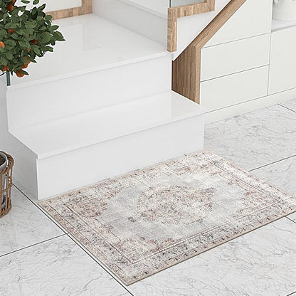Easy-Going Boho Area Rug 2x3 Washable Entryway Rugs Front Door Mat Indoor Entrance Non-Slip Vintage Distressed Small Entry Rug for Living Room Kitchen Bathroom Office Lightweight Carpet, Grey Brick
