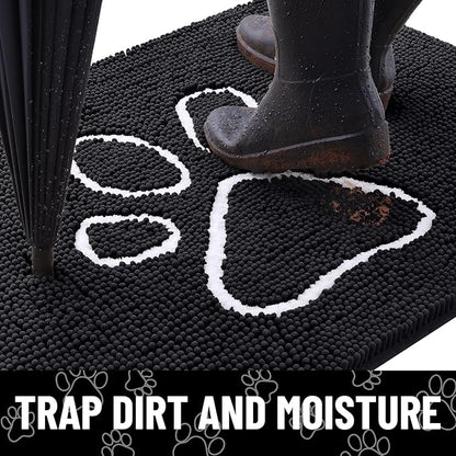 Smiry Dog Door Mat for Muddy Paws, Absorbent Dirt Trapper Non Slip Quick Dry Washable Chenille Mat for Mud Dogs, Entry Rug for Indoor and Outdoor (59x24 Inches, Black and White)