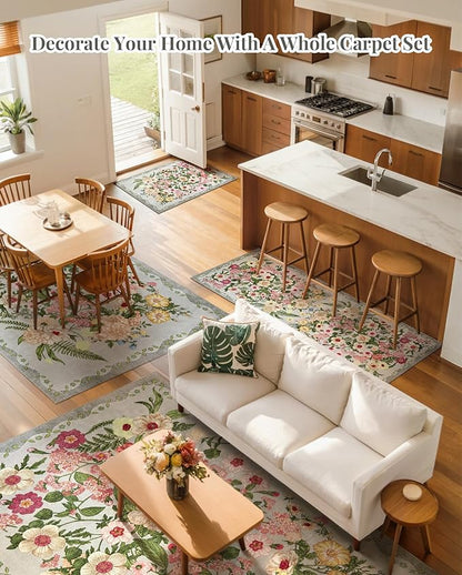 Floral Washable 5x7 Area Rugs - Living Room Rug Non Slip Low Pile Stain Resistant Carpets Indoor Vintage Flower Print Rug for Bedroom Dining Room Kitchen Home Office, Grey