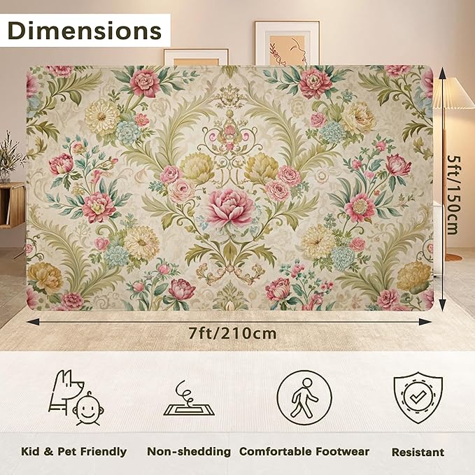 Chic Vintage Rose Rug for Living Room 5x7, Low Pile Non-Slip Backing, Machine Washable Easy Fold Rug for Home, Office, Dorm Room