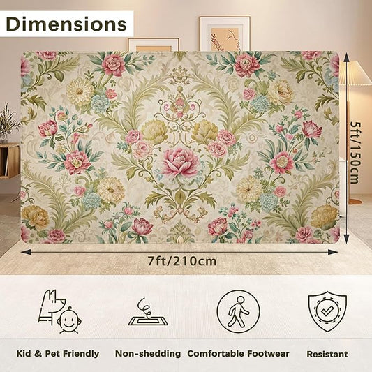 Chic Vintage Rose Rug for Living Room 5x7, Low Pile Non-Slip Backing, Machine Washable Easy Fold Rug for Home, Office, Dorm Room