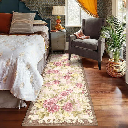 2'6''x8' Machine Washable Runner Rug, Kitchen Hallway Area Rug Pink Vintage Boho Floral Ultra Non-Slip Low Pile Soft Faux Wool Carpet, Kids and Pets Friendly for Bedroom Entryway Nursery Decor Rug