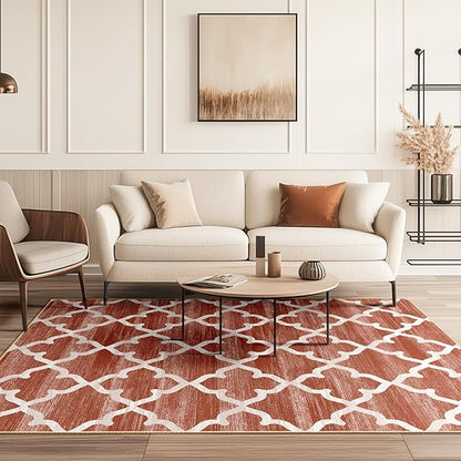 Area Rug 6ft, Moroccan Trellis Print Carpet, Machine Washable Non-Slip Rugs for Living Room, Bedroom, Dining Room & Entryway, Red