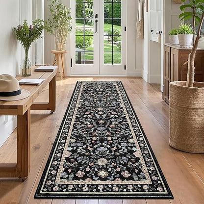 GarveeHome Washable Runner Rug 2.5 x 8 Non-Slip Non-Shedding Soft Vintage Bedside Low Pile Farmhouse Floral Carpet, Indoor Foldable Printed Entryway Rug for Hallway Kitchen, Black