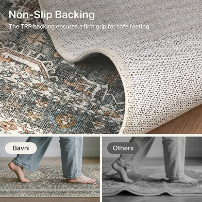 Bavni Washable Runners for Hallways 2X10, Ultra-Thin Non Slip Long Runner Rug, Print Vintage Aesthetic Carpet Runner, Low Pile Rugs for Kitchen Porch Bedroom, Grey