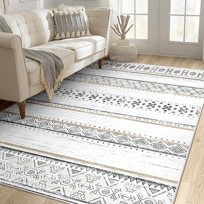 BESTSWEETIE 4x6 Area Rugs for Living Room Washable Moroccan Farmhouse Neutral Geometric Low Pile Non-Slip Soft Print Pattern Rug for Bedroom Kitchen Dining Room Entryway Black/Brown