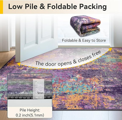 Washable Area Rugs 8'x10' Non-Slip Modern Abstract Soft for Living Room Entryway Bedroom Nursery, Print Pattern, Purple Orange Blue Green Rust Red Colorful