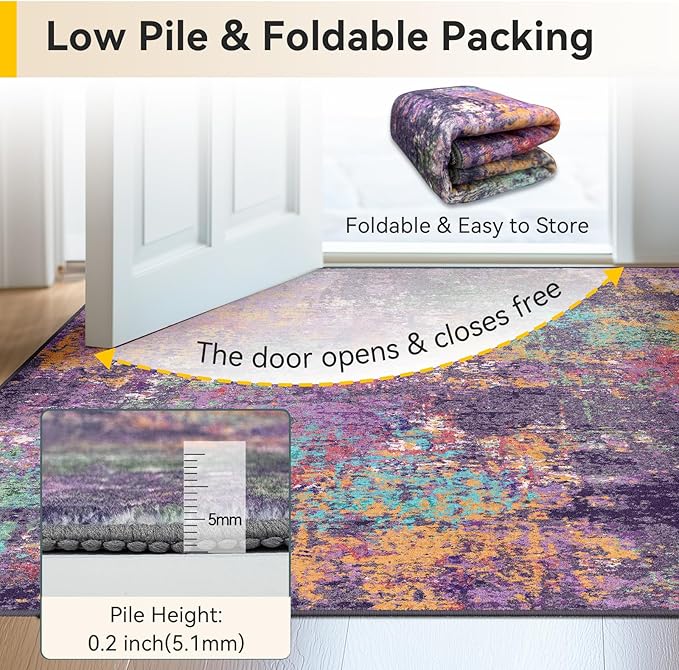 Washable Area Rugs 2'x8' Non-Slip Modern Abstract Soft for Living Room Entryway Bedroom Nursery, Print Pattern, Purple Orange Blue Green Rust Red Colorful