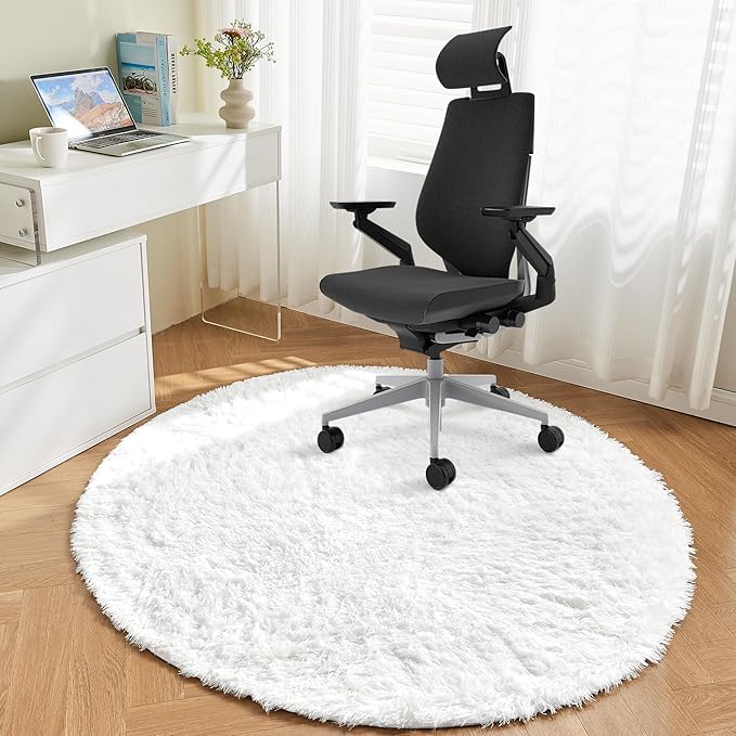 Andency White Round Area Rug for Bedroom, Soft Shag Circle Rug 4x4 for Room, Fluffy Faux Fur Carpet for Home Decor, Circular Fuzzy Plush Rug for Living Room Playroom