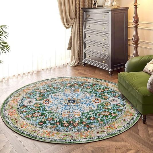 U'Artlines Boho Round Vintage Area Rug 4ft Machine Washable Low Pile Soft Floor Carpet Non Slip Non Shedding Accent Rug for Living Room Bedroom Entryway Dining Room Office Green