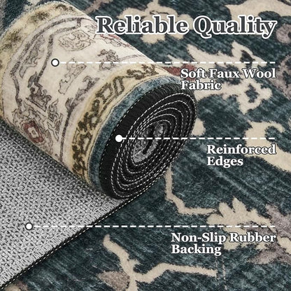 Large Vintage Area Rugs 9x12 for Living Room, Dark Distressed Medallion Printed Big Carpet Rugs for Bedroom, Washable Non Slip Low Pile Thin Rugs for Dining Room, Midnight/Multi