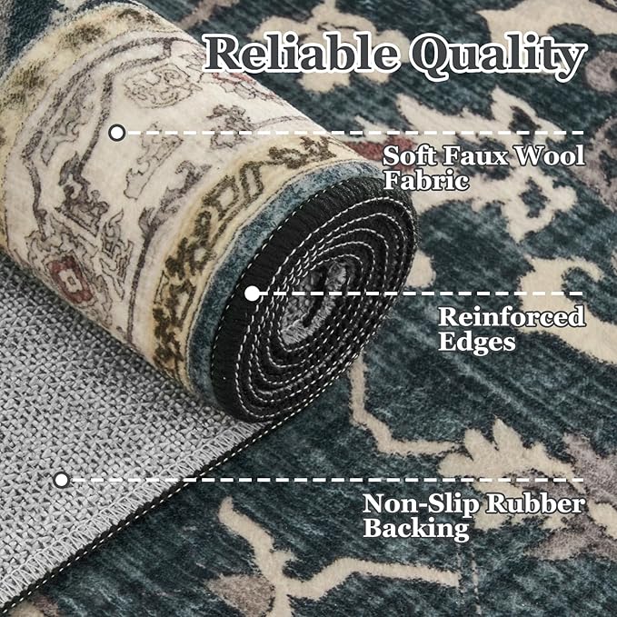 Vintage Distressed 8x10 Rugs for Living Room Bedroom, Washable Non Slip Dining Room Rugs for Under Table, Low Pile Thin Soft Carpet Farmhouse Dark Medallion Printed, Midnight/Multi