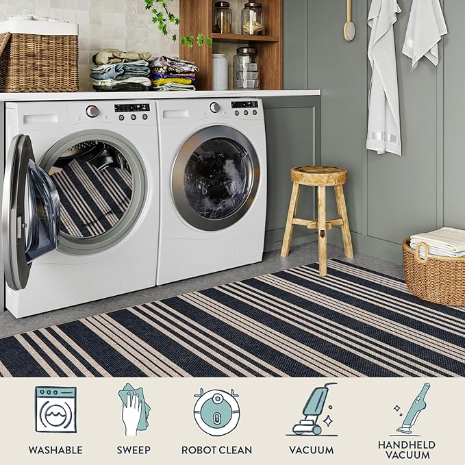 Lahome Striped 8x10 Easy Jute Rug, Washable Rugs for Living Room Dining Room Farmhouse Indoor Outdoor Carpet, Neutral Non Slip Non Shedding Black Carpet for Office Backyard Patio