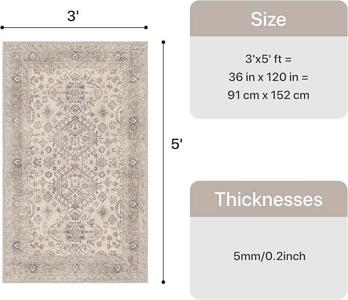 Bavni 3x5 Area Rug for Living Room Bedroom, Washable Boho Print Vintage Aesthetic Rug, Ultra-Thin Low Pile Rugs for Entryway Playroom with Non Slip Backing, Light Taupe Brown