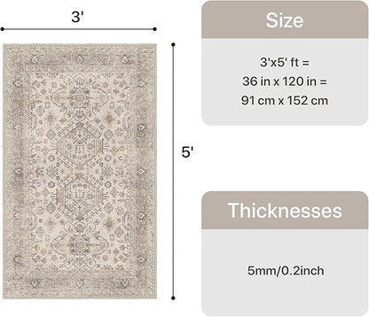 Bavni 3x5 Area Rug for Living Room Bedroom, Washable Boho Print Vintage Aesthetic Rug, Ultra-Thin Low Pile Rugs for Entryway Playroom with Non Slip Backing, Light Taupe Brown