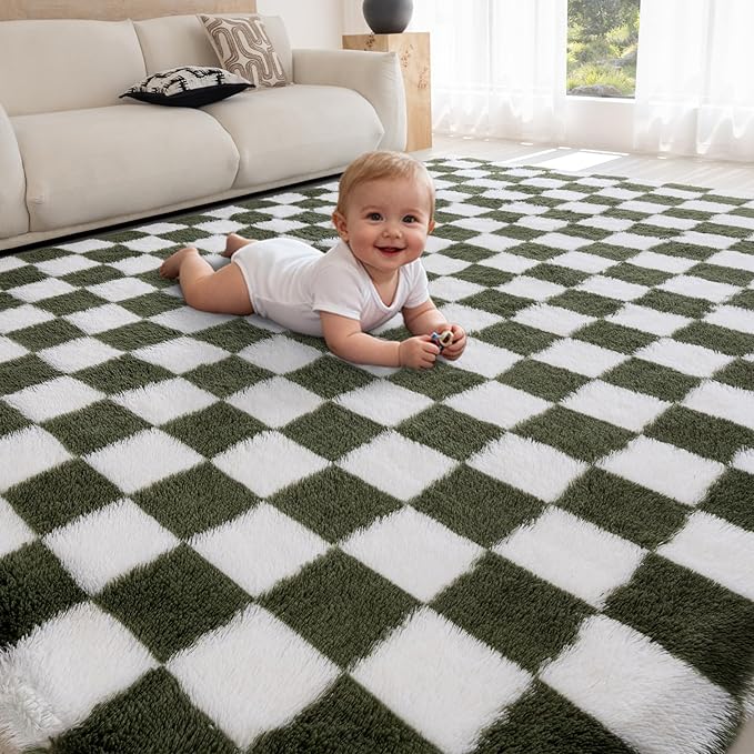 5x7 Area Rugs for Living Room Bedroom, Soft Fluffy Shaggy Bedside Rug, Indoor Floor Carpet for Kids Playroom, Dorms, Nursery Rooms, Home Decor (Olive Green & White 5'x7')
